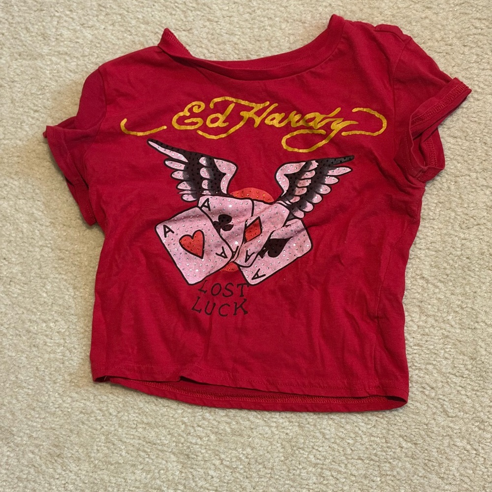 Ed Hardy Red Tee with Winged Card Design
